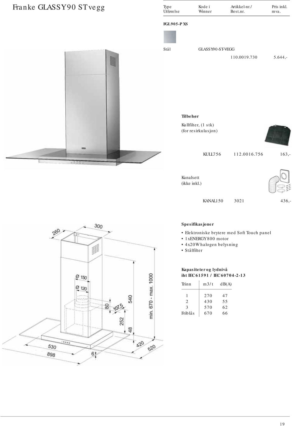 756 163,- KANAL150 3021 436,- Elektroniske brytere med Soft Touch panel 1xENERGY 800 motor 4x20W