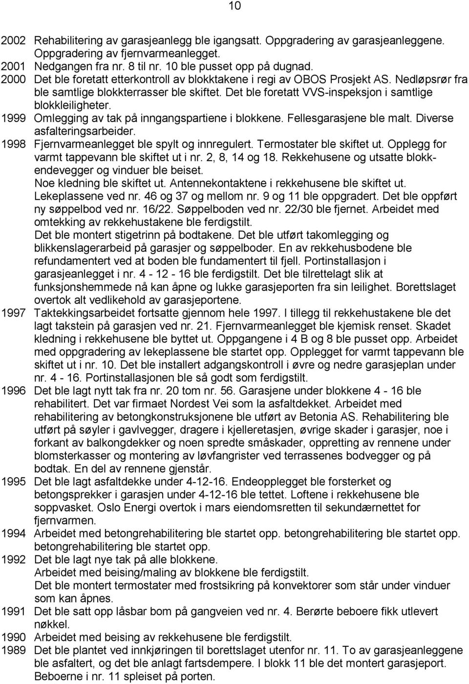 1999 Omlegging av tak på inngangspartiene i blokkene. Fellesgarasjene ble malt. Diverse asfalteringsarbeider. 1998 Fjernvarmeanlegget ble spylt og innregulert. Termostater ble skiftet ut.