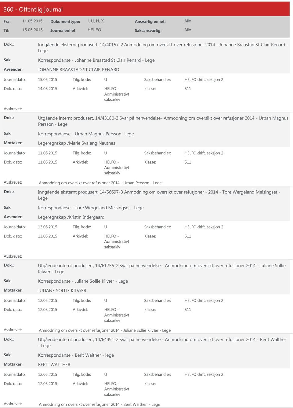 2015 tgående internt produsert, 14/43180-3 Svar på henvendelse- Anmodning om oversikt over refusjoner 2014 - rban Magnus Persson - Lege Korrespondanse - rban Magnus Persson- Lege Legeregnskap /Marie