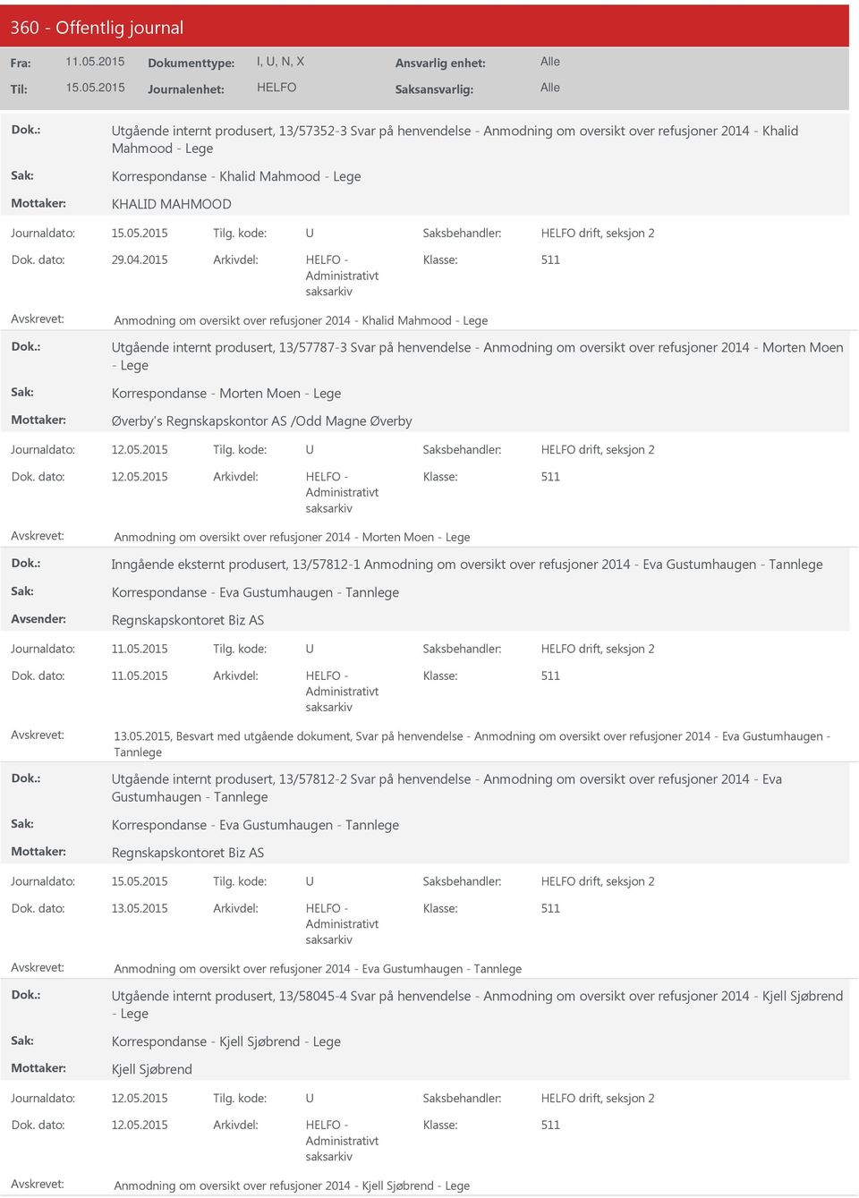 2015 Anmodning om oversikt over refusjoner 2014 - Khalid Mahmood - Lege tgående internt produsert, 13/57787-3 Svar på henvendelse - Anmodning om oversikt over refusjoner 2014 - Morten Moen - Lege