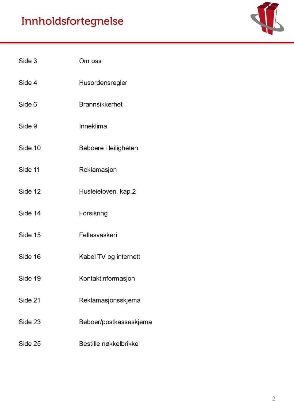 2 Side 14 Forsikring Side 15 Fellesvaskeri Side 16 Kabel TV og internett Side 19