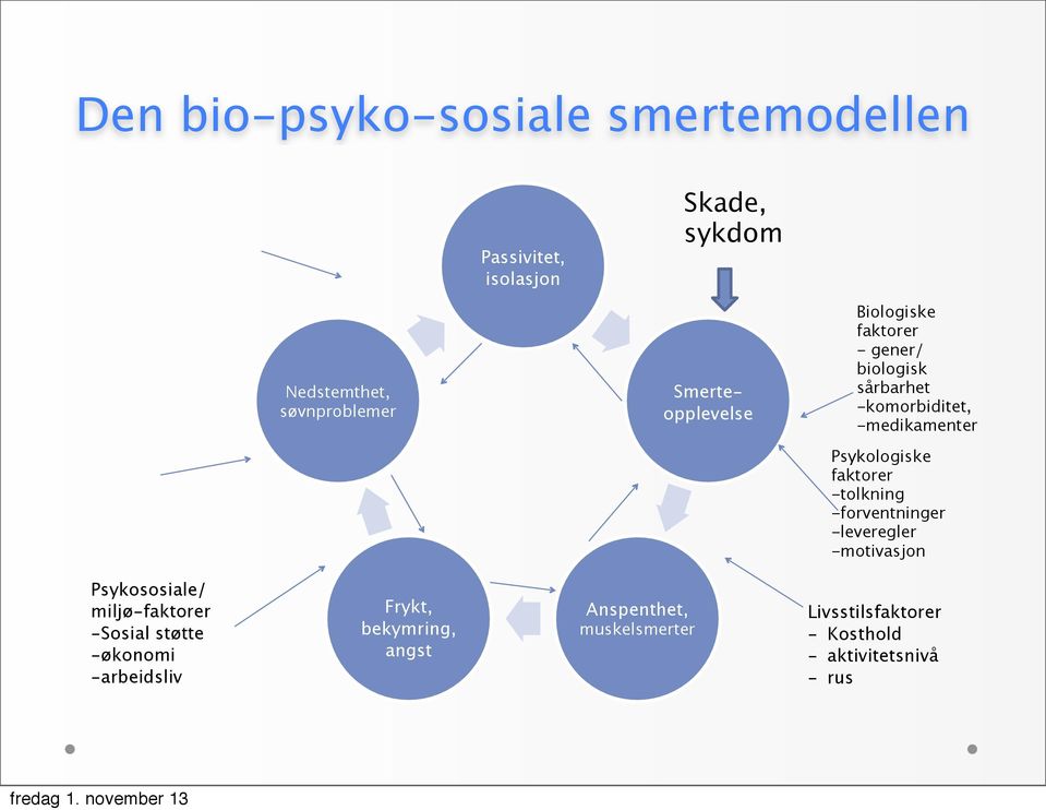 faktorer -tolkning -forventninger -leveregler -motivasjon Psykososiale/ miljø-faktorer -Sosial støtte