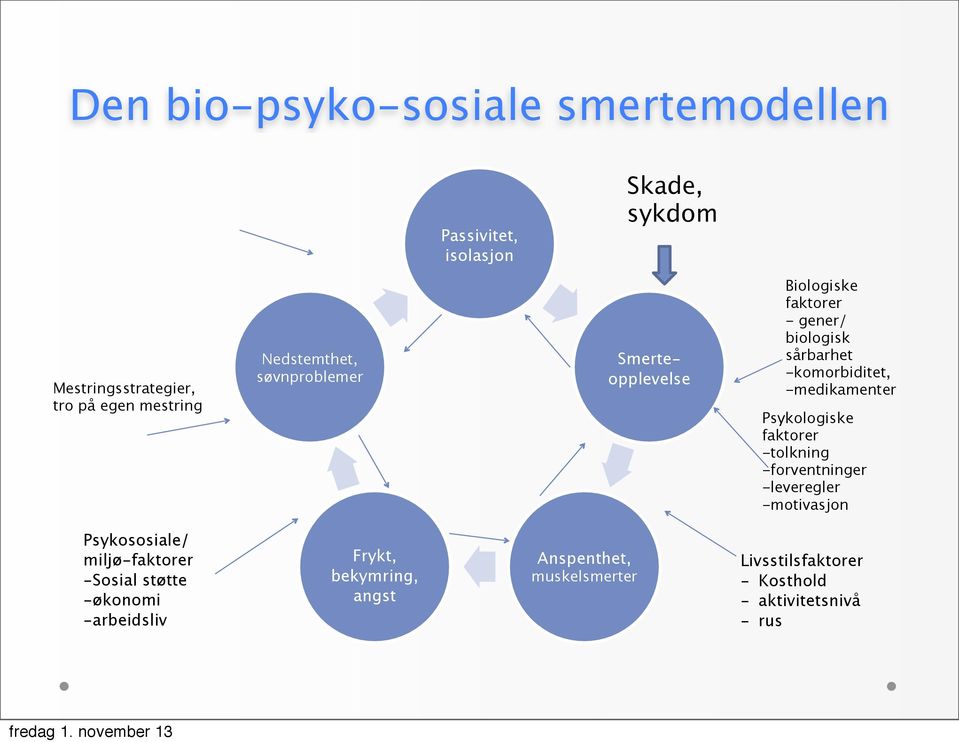 -medikamenter Psykologiske faktorer -tolkning -forventninger -leveregler -motivasjon Psykososiale/ miljø-faktorer