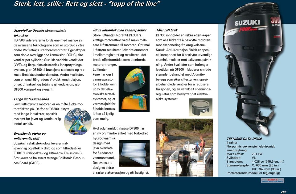 Egenskaper som doble overliggende kamaksler (DOHC), fire ventiler per sylinder, Suzukis variable ventiltider (VVT), og flerpunkts elektronisk innsprøytningssystem, gjør DF300 til bransjens sterkeste