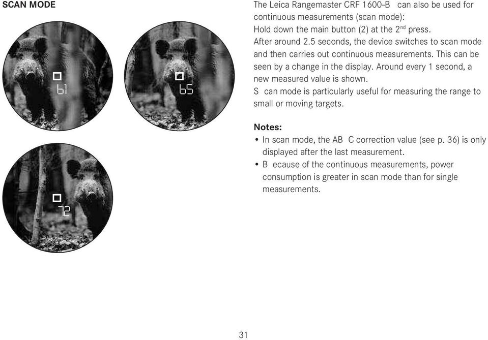 Around every 1 second, a new measured value is shown. S can mode is particularly useful for measuring the range to small or moving targets.