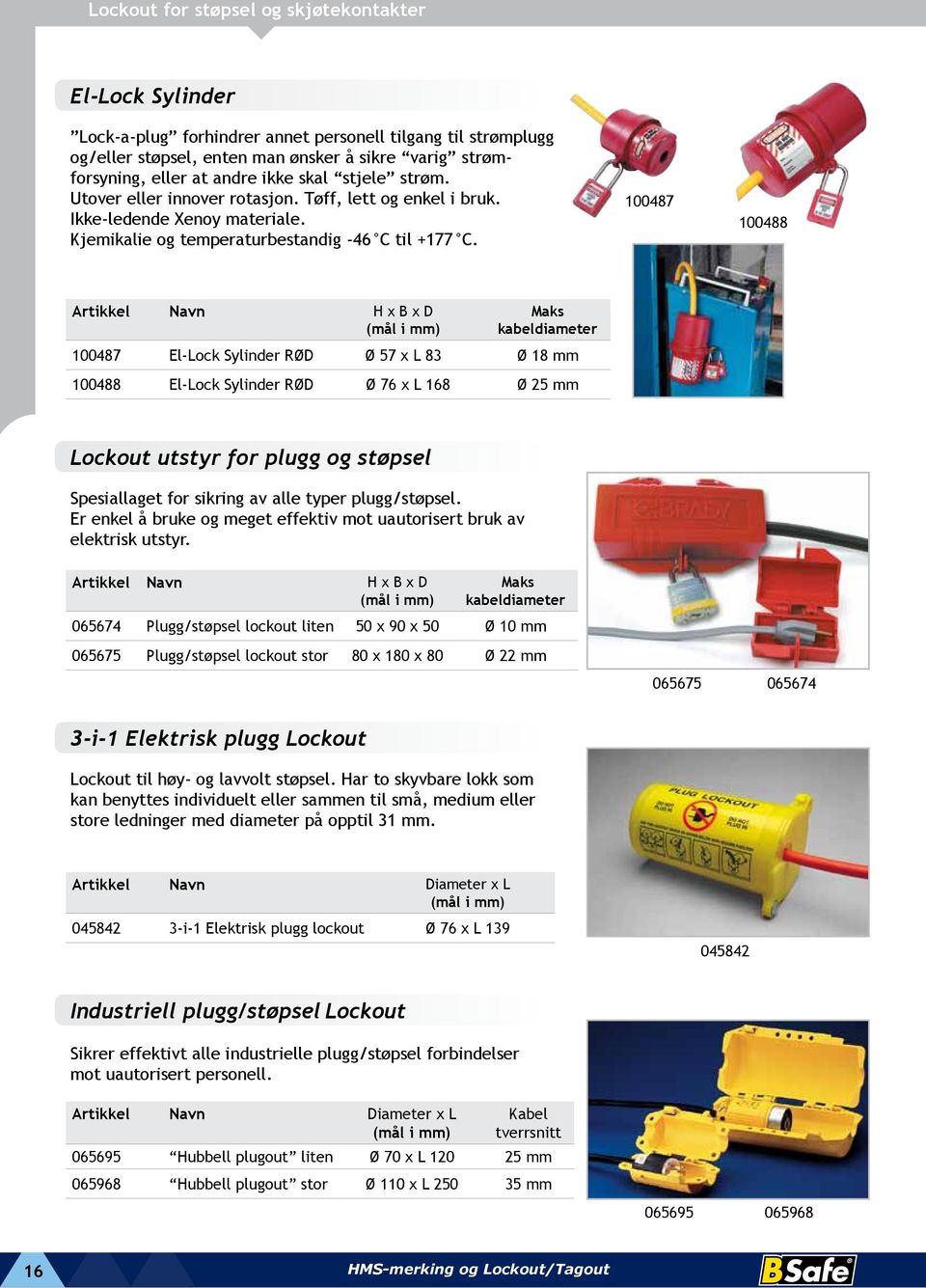 100487 100488 Artikkel Navn H x B x D (mål i mm) Maks kabeldiameter 100487 El-Lock Sylinder RØD Ø 57 x L 83 Ø 18 mm 100488 El-Lock Sylinder RØD Ø 76 x L 168 Ø 25 mm Lockout utstyr for plugg og