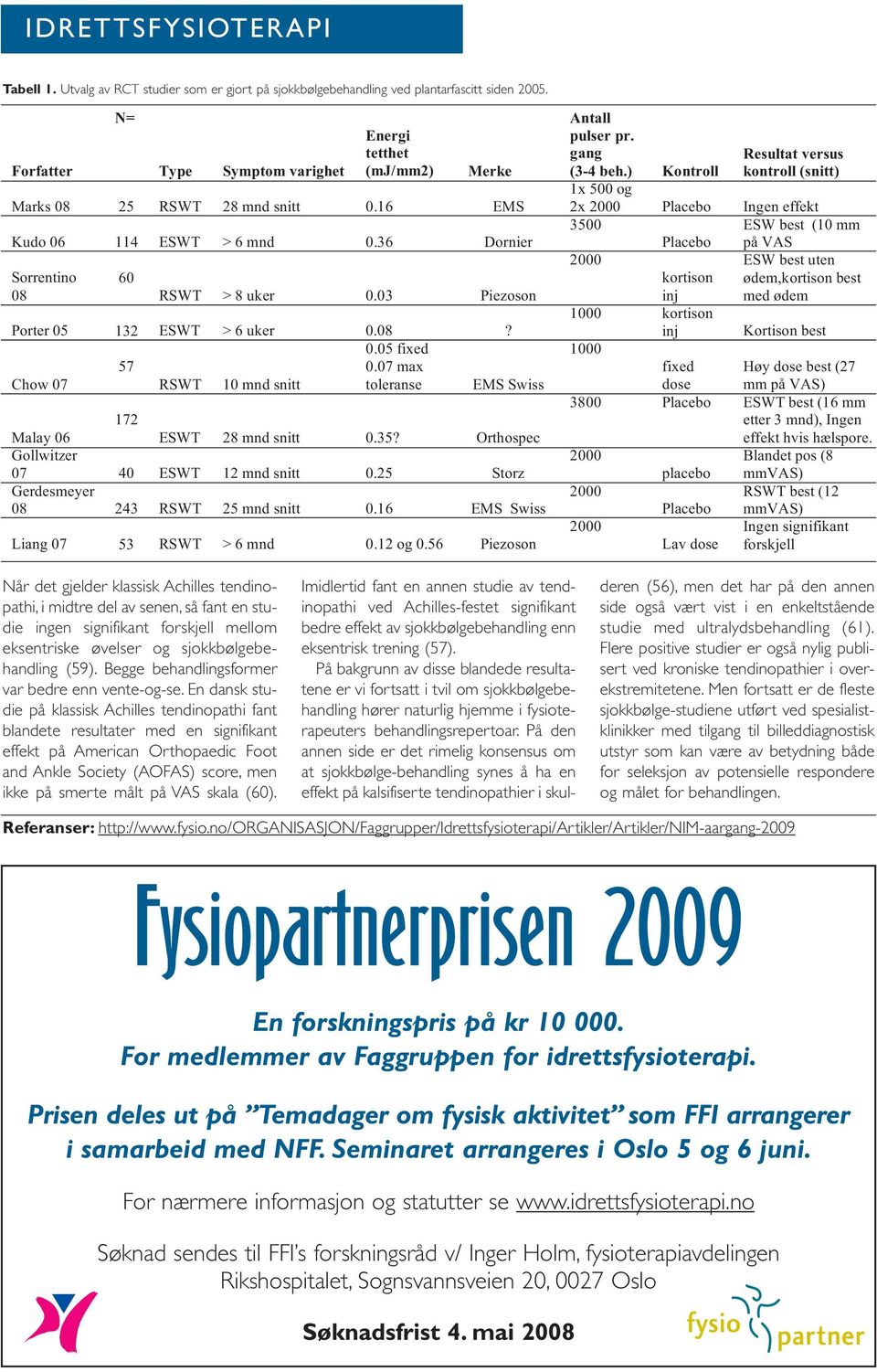 03 Piezoson Porter 05 132 ESWT > 6 uker 0.08? 0.05 fixed 57 0.07 max Chow 07 RSWT 10 mnd snitt toleranse EMS Swiss 172 Malay 06 ESWT 28 mnd snitt 0.35? Orthospec Gollwitzer 07 40 ESWT 12 mnd snitt 0.