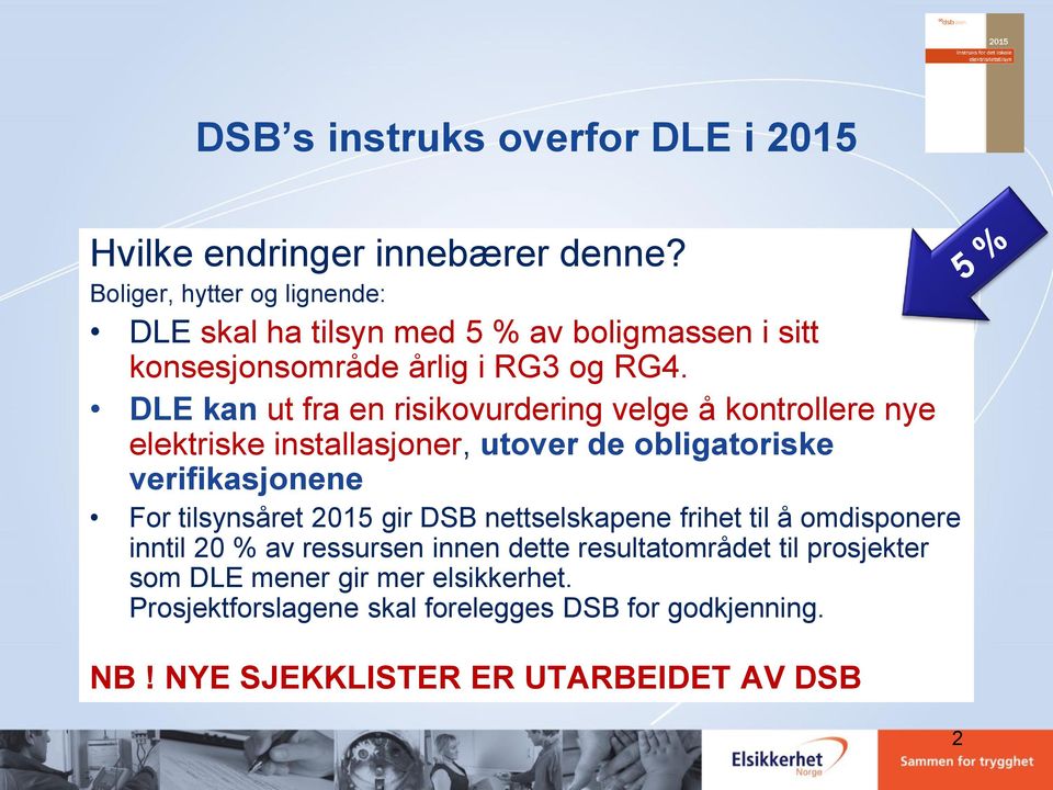 DLE kan ut fra en risikovurdering velge å kontrollere nye elektriske installasjoner, utover de obligatoriske verifikasjonene For tilsynsåret