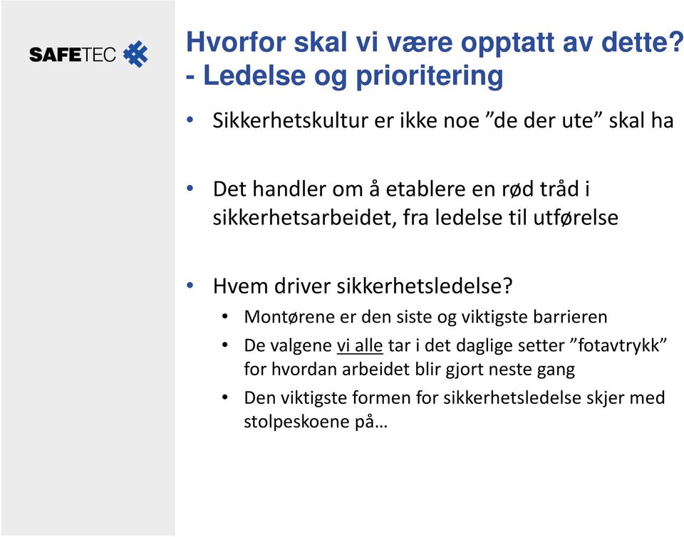 tråd i sikkerhetsarbeidet, fra ledelse til utførelse Hvem driver sikkerhetsledelse?