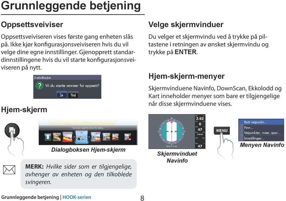 Hjem-skjerm Velge skjermvinduer Du velger et skjermvindu ved å trykke på piltastene i retningen av ønsket skjermvindu og trykke på ENTER.