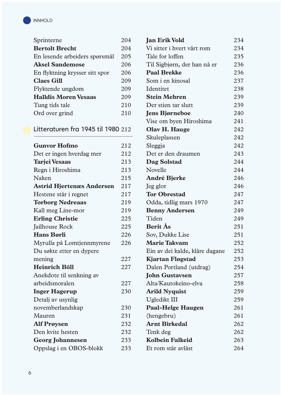 Hestene står i regnet 217 Torborg Nedreaas 219 Kall meg Line-mor 219 Erling Christie 225 Jailhouse Rock 225 Hans Børli 226 Myrulla på Lomtjennmyrene 226 Du søkte etter en dypere mening 227 Heinrich