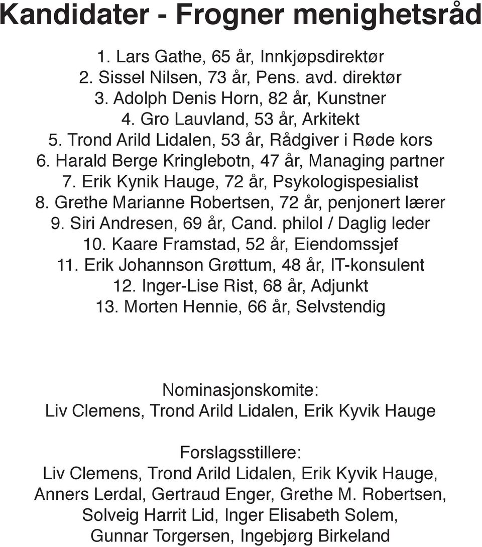 Grethe Marianne Robertsen, 72 år, penjonert lærer 9. Siri Andresen, 69 år, Cand. philol / Daglig leder 10. Kaare Framstad, 52 år, Eiendomssjef 11. Erik Johannson Grøttum, 48 år, IT-konsulent 12.