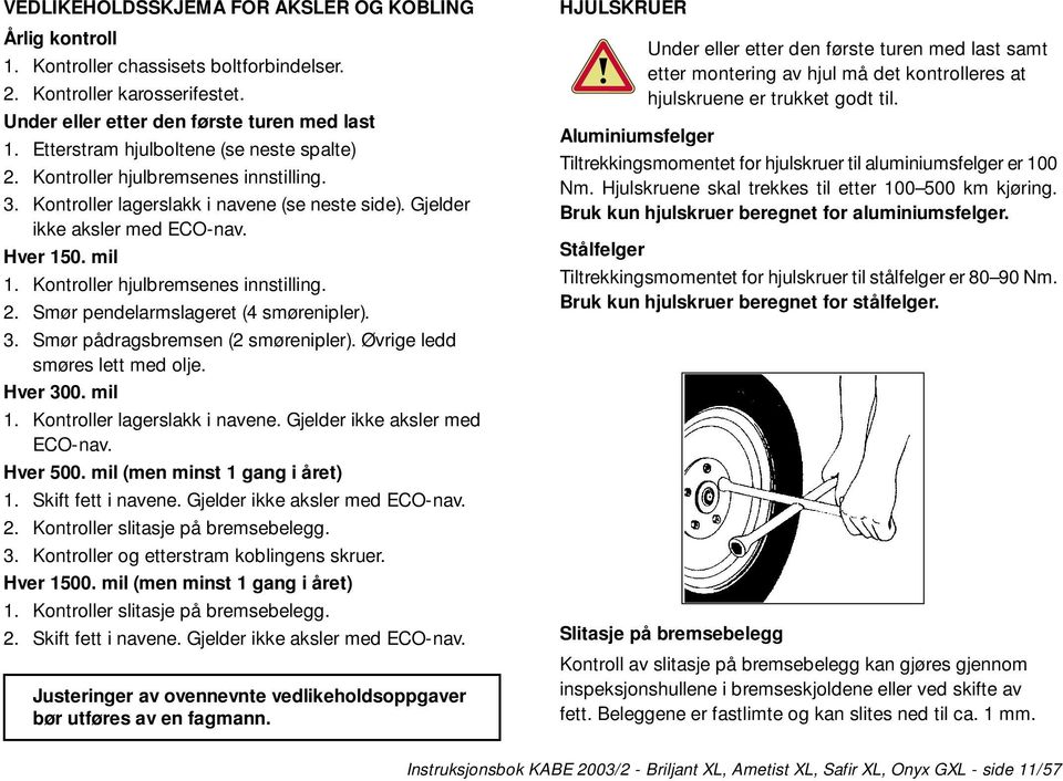 Kontroller hjulbremsenes innstilling. 2. Smør pendelarmslageret (4 smørenipler). 3. Smør pådragsbremsen (2 smørenipler). Øvrige ledd smøres lett med olje. Hver 300. mil 1.