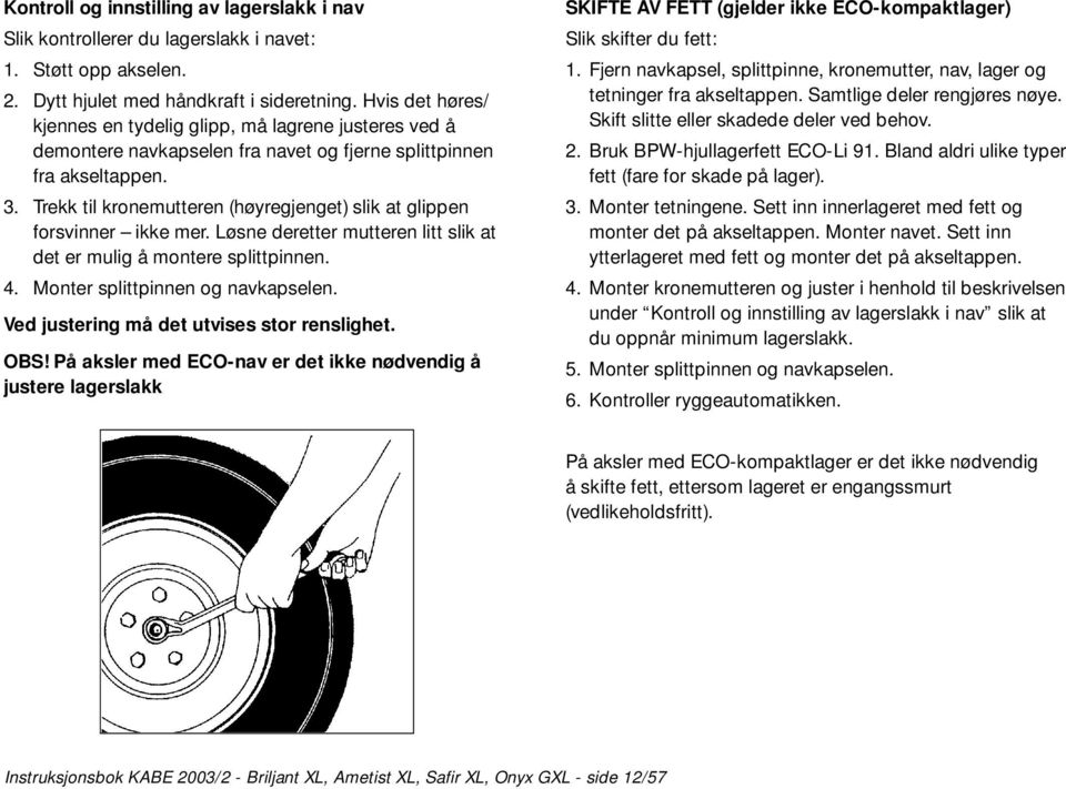 Trekk til kronemutteren (høyregjenget) slik at glippen forsvinner ikke mer. Løsne deretter mutteren litt slik at det er mulig å montere splittpinnen. 4. Monter splittpinnen og navkapselen.