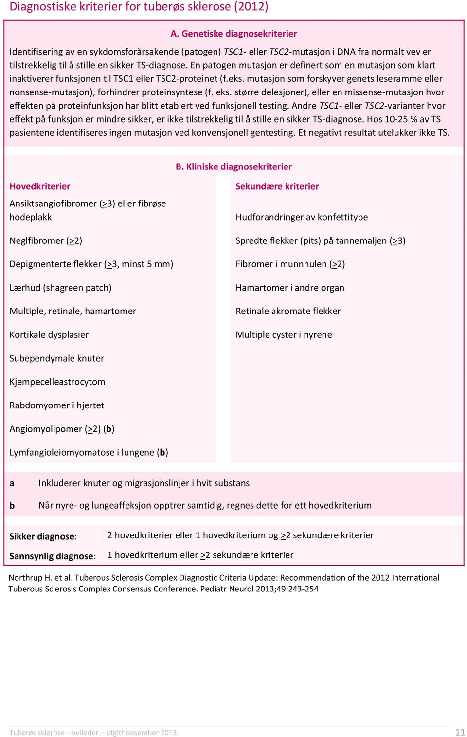 En patogen mutasjon er definert som en mutasjon som klart inaktiverer funksjonen til TSC1 eller TSC2-proteinet (f.eks.