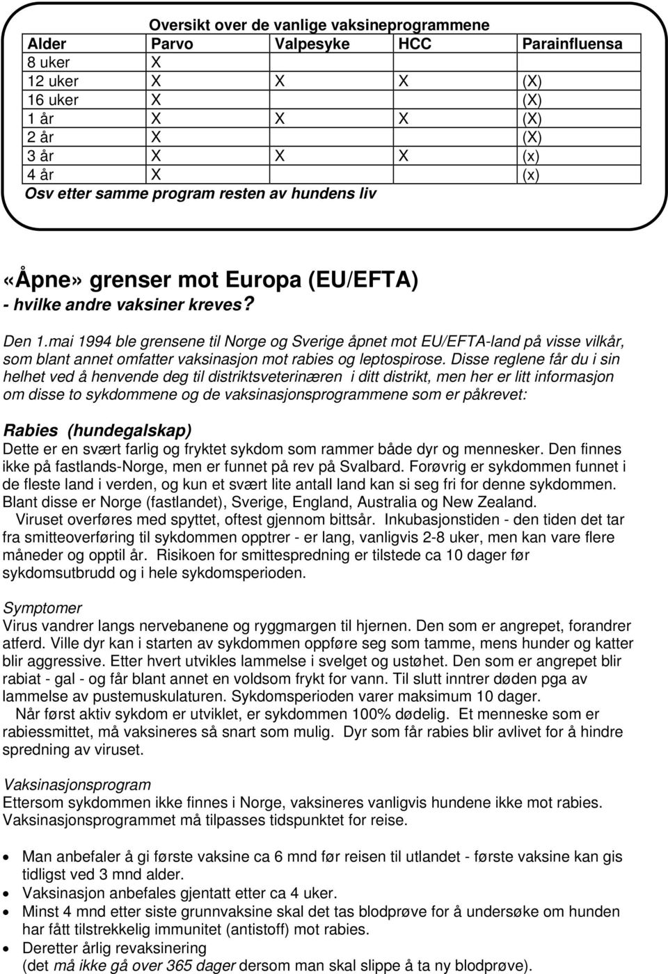 mai 1994 ble grensene til Norge og Sverige åpnet mot EU/EFTA-land på visse vilkår, som blant annet omfatter vaksinasjon mot rabies og leptospirose.