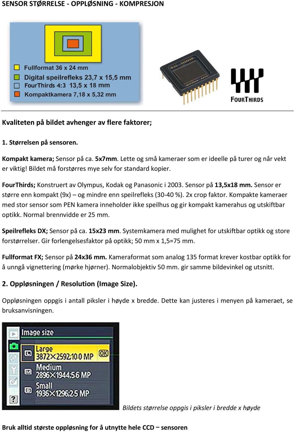 Sensor på 13,5x18 mm. Sensor er større enn kompakt (9x) og mindre enn speilrefleks (30-40 %). 2x crop faktor.