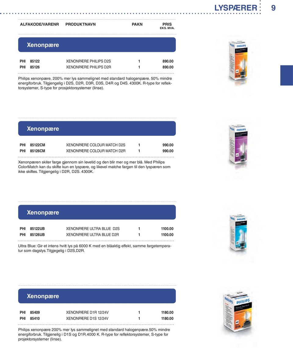 00 PHI 85126CM XENONPÆRE COLOUR MATCH D2R 1 990.00 Xenonpæren skiter farge gjennom sin levetid og den blir mer og mer blå.
