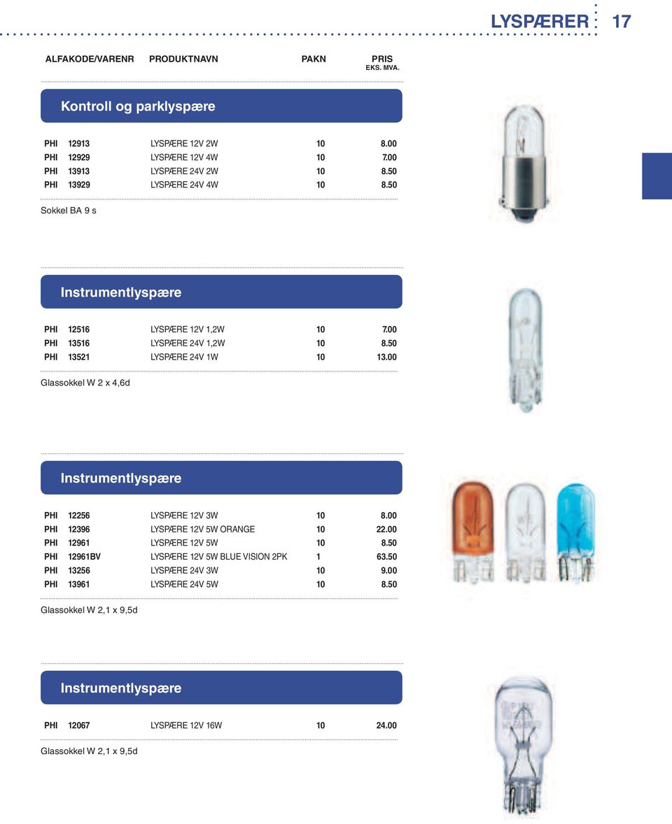 00 Glassokkel W 2 x 4,6d Instrumentlyspære PHI 12256 LYSPÆRE 12V 3W 10 8.00 PHI 12396 LYSPÆRE 12V 5W ORANGE 10 22.00 PHI 12961 LYSPÆRE 12V 5W 10 8.