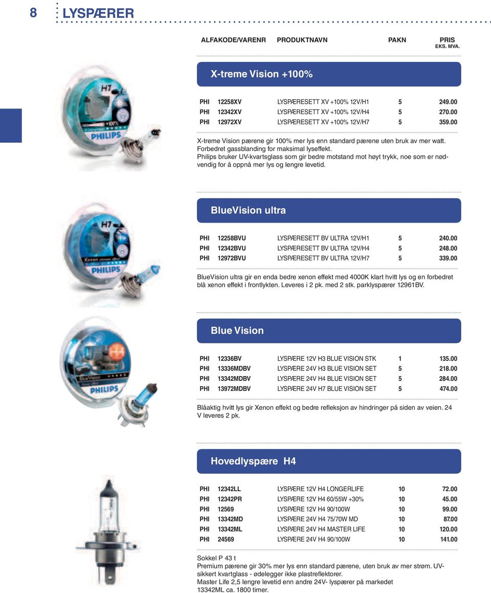 Philips bruker UV-kvartsglass som gir bedre motstand mot høyt trykk, noe som er nødvendig for å oppnå mer lys og lengre levetid. BlueVision ultra PHI 12258BVU LYSPÆRESETT BV ULTRA 12V/H1 5 240.