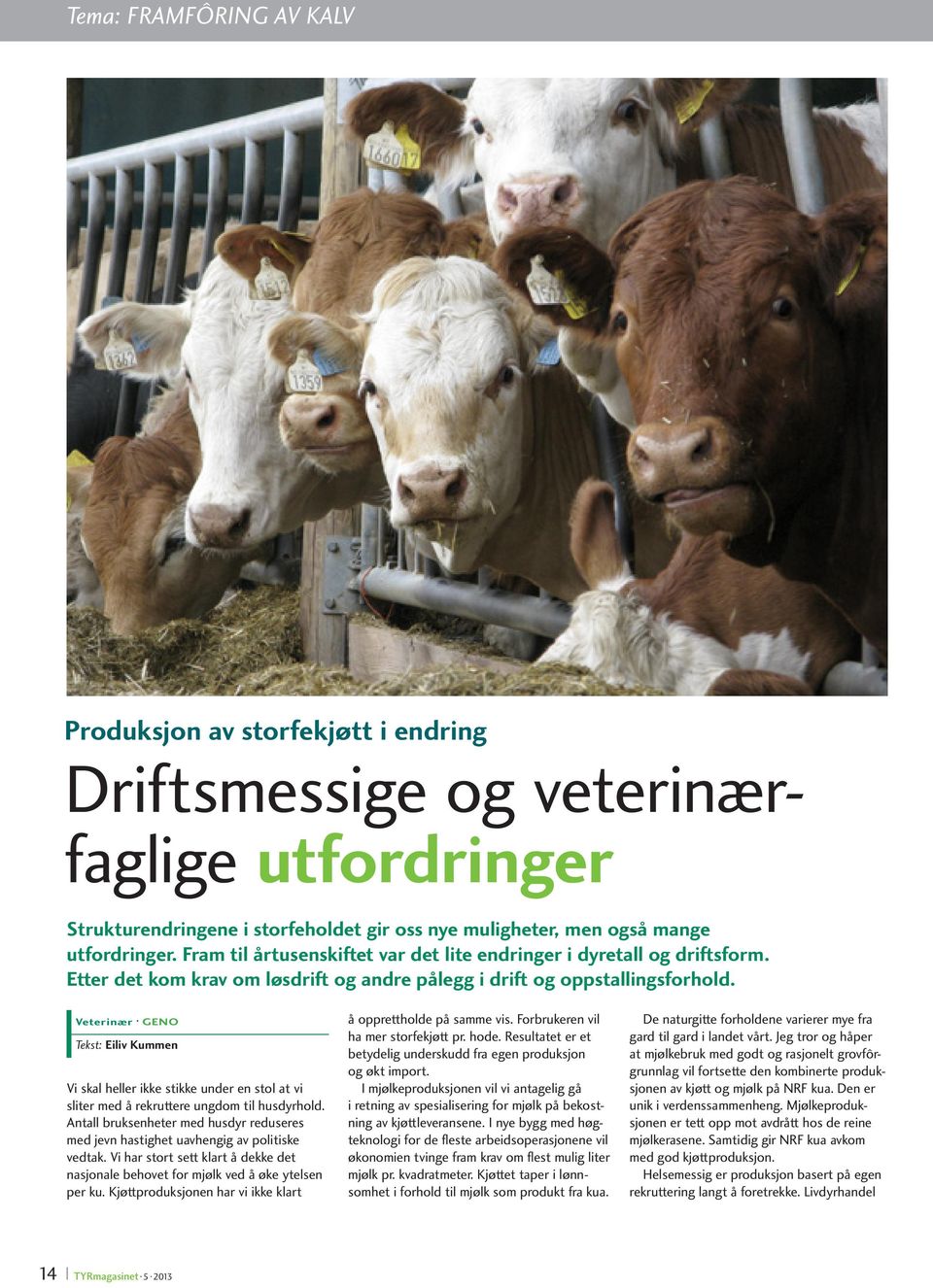 Veterinær GENO Tekst: Eiliv Kummen Vi skal heller ikke stikke under en stol at vi sliter med å rekruttere ungdom til husdyrhold.