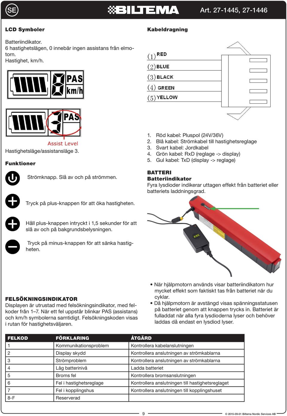 Gul kabel: TxD (display -> reglage) BATTERI Batteriindikator Fyra lysdioder indikerar uttagen effekt från batteriet eller batteriets laddningsgrad. Tryck på plus-knappen för att öka hastigheten.