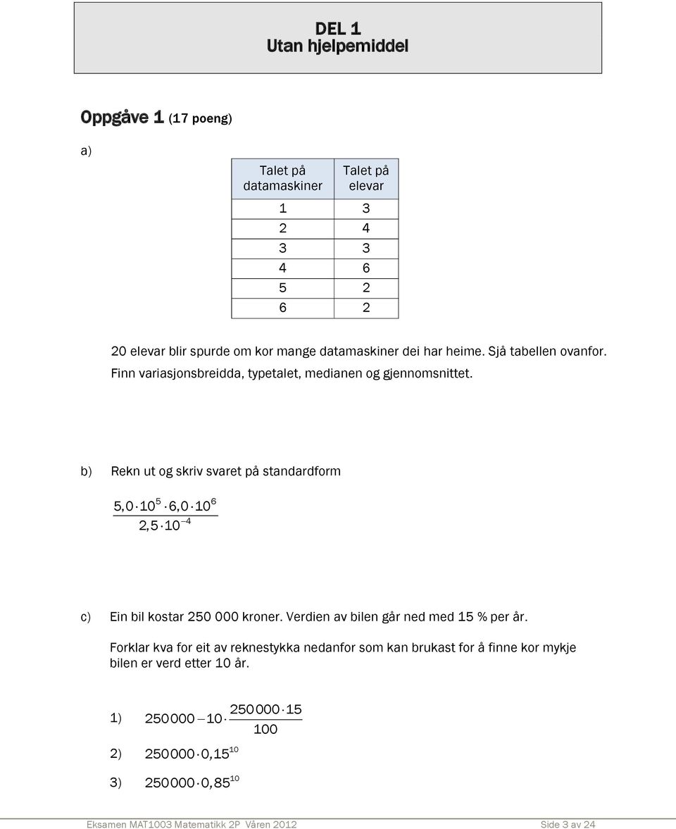 b) Rekn ut og skriv svaret på standardform 5 6 5,0 10 6,0 10 4 2,5 10 c) Ein bil kostar 250 000 kroner. Verdien av bilen går ned med 15 % per år.