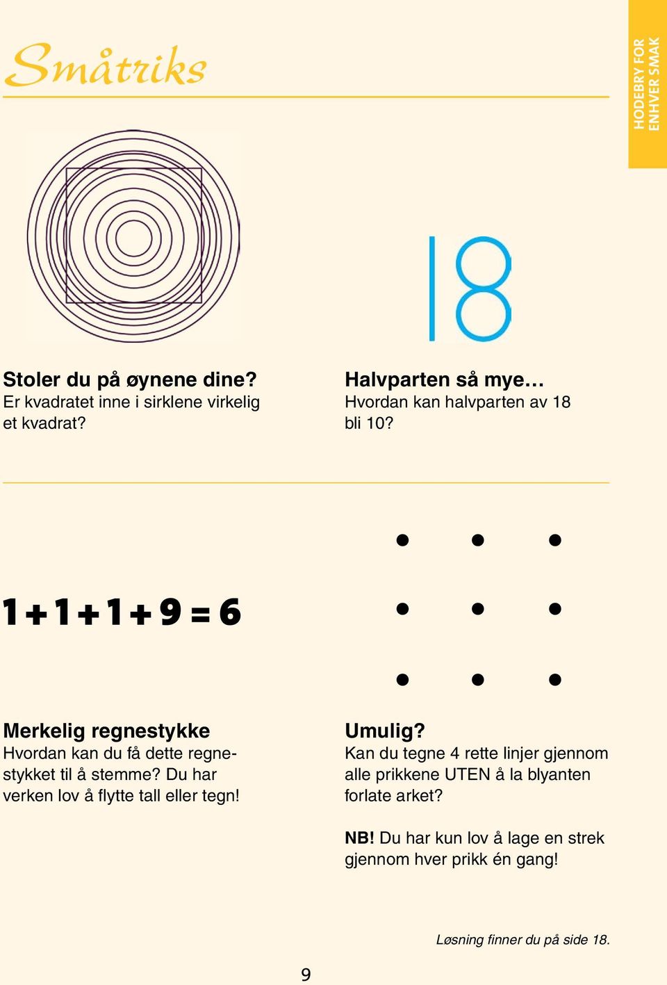 1 + 1 + 1 + 9 = 6 Merkelig regnestykke Hvordan kan du få dette regnestykket til å stemme?