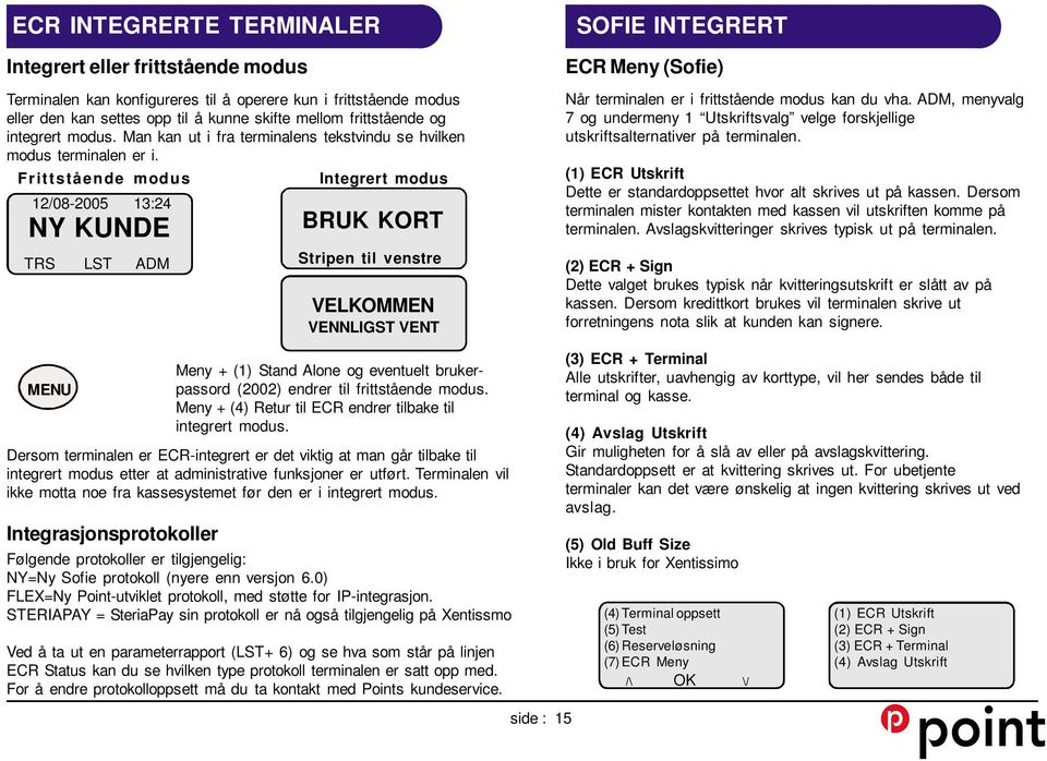 Frittstående modus Integrert modus 12/08-2005 13:24 NY KUNDE TRS LST ADM MENU Dersom terminalen er ECR-integrert er det viktig at man går tilbake til integrert modus etter at administrative