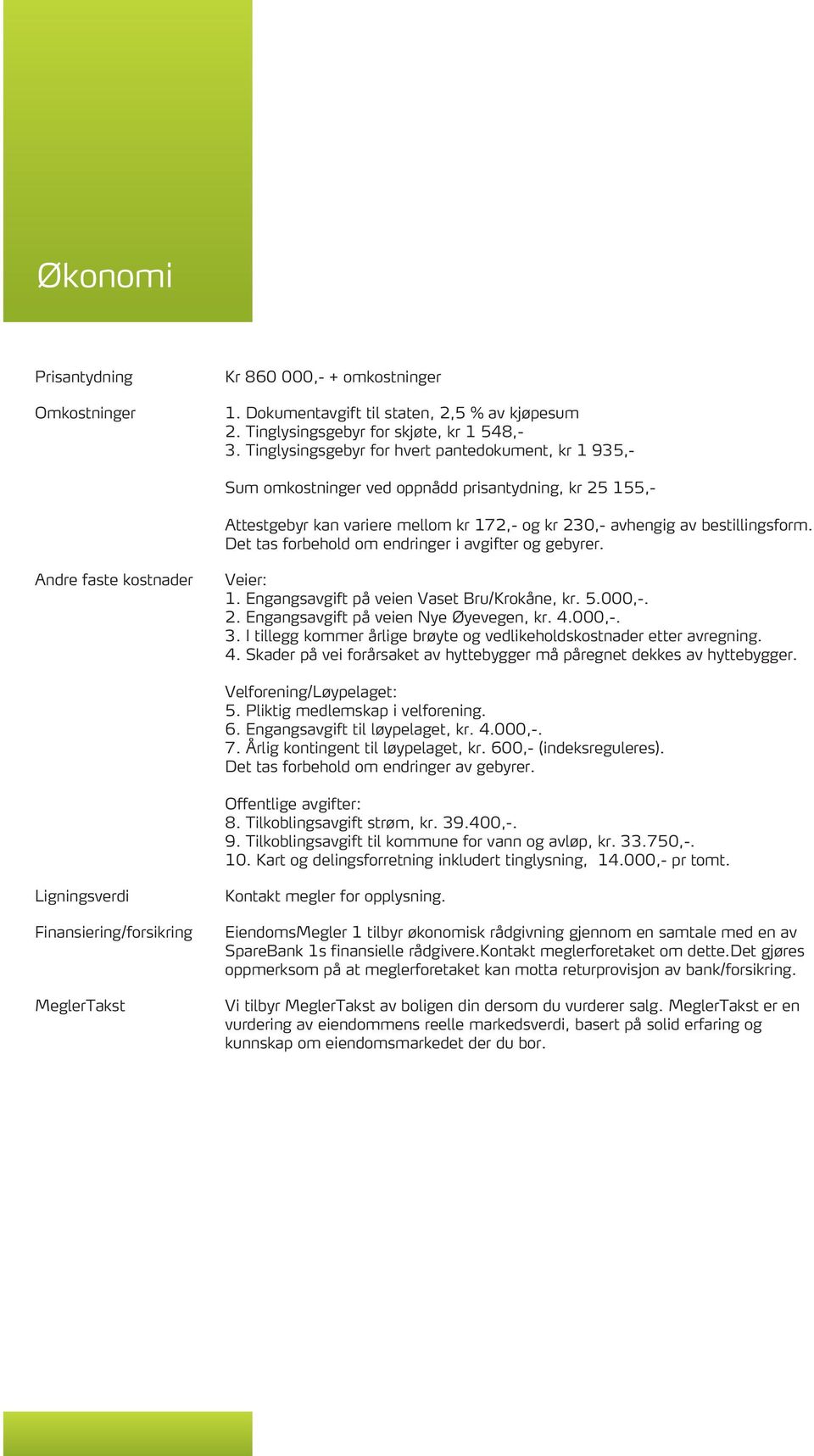 Det tas forbehold om endringer i avgifter og gebyrer. Andre faste kostnader Veier: 1. Engangsavgift på veien Vaset Bru/Krokåne, kr. 5.000,-. 2. Engangsavgift på veien Nye Øyevegen, kr. 4.000,-. 3.