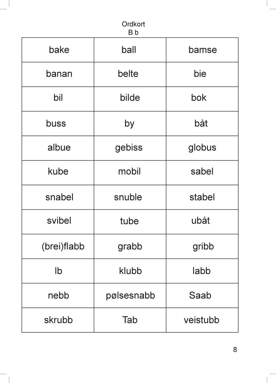 snabel snuble stabel svibel tube ubåt (brei)flabb grabb