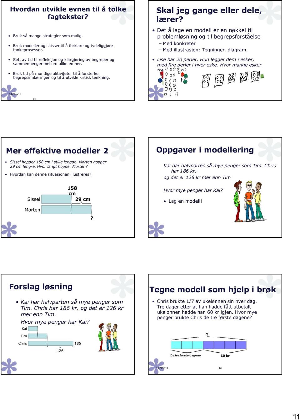 Skal jeg gange eller dele, lærer? Det å lage en modell er en nøkkel til problemløsning og til begrepsforståelse Med konkreter Med illustrasjon: Tegninger, diagram Lise har 20 perler.