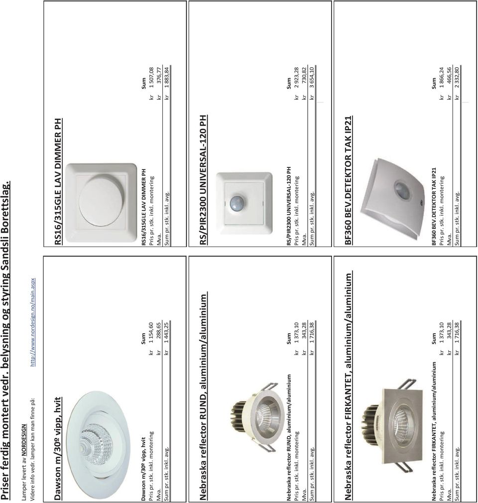 kr 1 443,25 RS16/315GLE LAV DIMMER PH Sum Pris pr. stk. inkl. montering kr 1 507,08 Mva. kr 376,77 Sum pr. stk. inkl. avg.