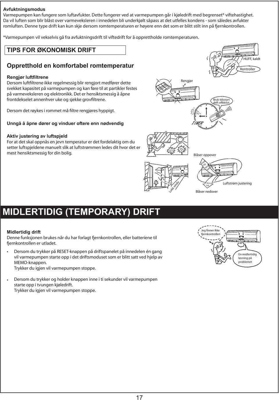 Denne type drift kan kun skje dersom romtemperaturen er høyere enn det som er blitt stilt inn på fjernkontrollen.