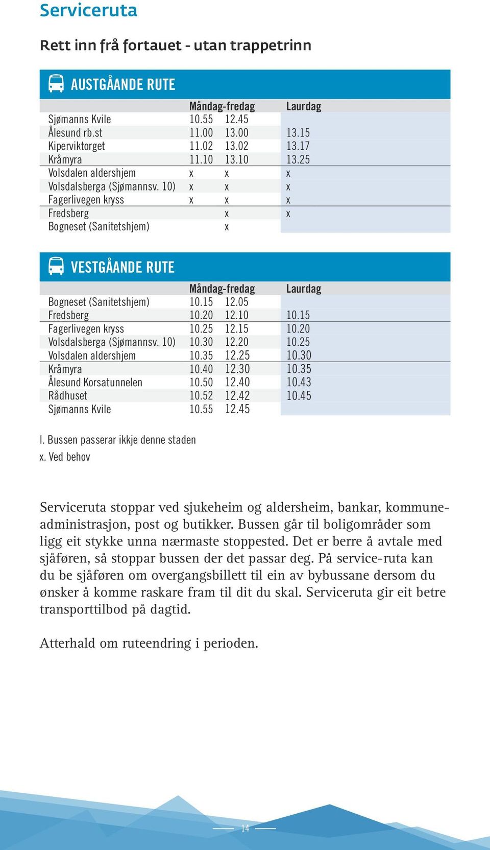 10) x x x Fagerlivegen kryss x x x Fredsberg x x Bogneset (Sanitetshjem) x VESTGÅANDE RUTE Måndag-fredag Laurdag Bogneset (Sanitetshjem) 10.15 12.05 Fredsberg 10.20 12.10 10.15 Fagerlivegen kryss 10.