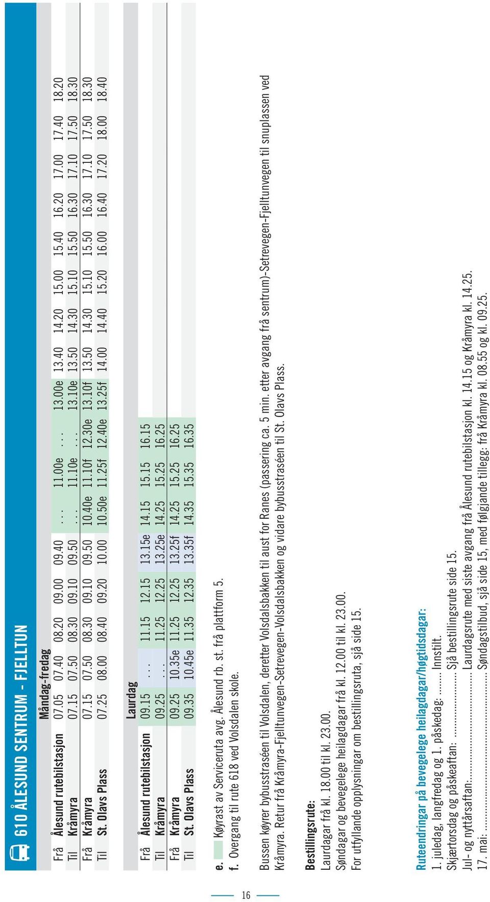 Olavs Plass 07.25 08.00 08.40 09.20 10.00 10.50e 11.25f 12.40e 13.25f 14.00 14.40 15.20 16.00 16.40 17.20 18.00 18.40 Laurdag Frå Ålesund rutebilstasjon 09.15... 11.15 12.15 13.15e 14.15 15.15 16.