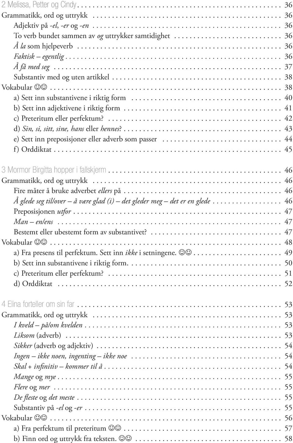 .. 40 b) Sett inn adjektivene i riktig form... 41 c) Preteritum eller perfektum?... 42 d) Sin, si, sitt, sine, hans eller hennes?.... 43 e) Sett inn preposisjoner eller adverb som passer.