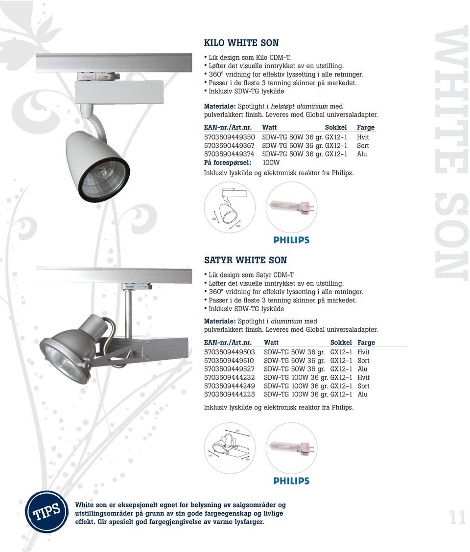 GX12-1 Hvit 5703590449367 SDW-TG 50W 36 gr. GX12-1 Sort 5703590449374 SDW-TG 50W 36 gr. GX12-1 Alu På forespørsel: 100W Inklusiv lyskilde og elektronisk reaktor fra Philips.