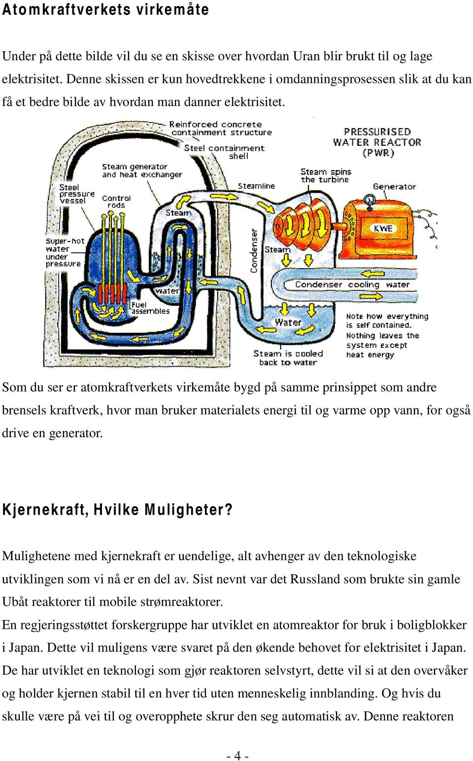 Som du ser er atomkraftverkets virkemåte bygd på samme prinsippet som andre brensels kraftverk, hvor man bruker materialets energi til og varme opp vann, for også drive en generator.