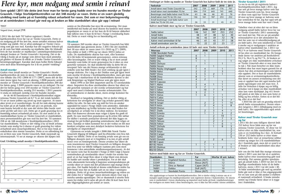 Det som er mer bekymringsverdig er at seminbruken i reinavl går ned og at bruken av ikke stambokført okse går opp i reinavl TEKST Vegard Urset, Avlssjef TYR I 2011 ble det født 707 kalver registrert