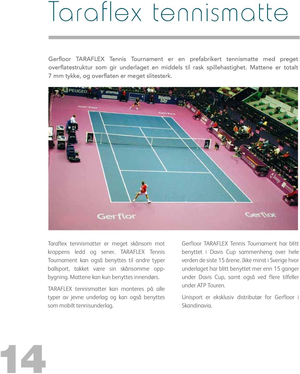 TARAFLEX Tennis Tournament kan også benyttes til andre typer ballsport, takket være sin skånsomme oppbygning. Mattene kan kun benyttes innendørs.