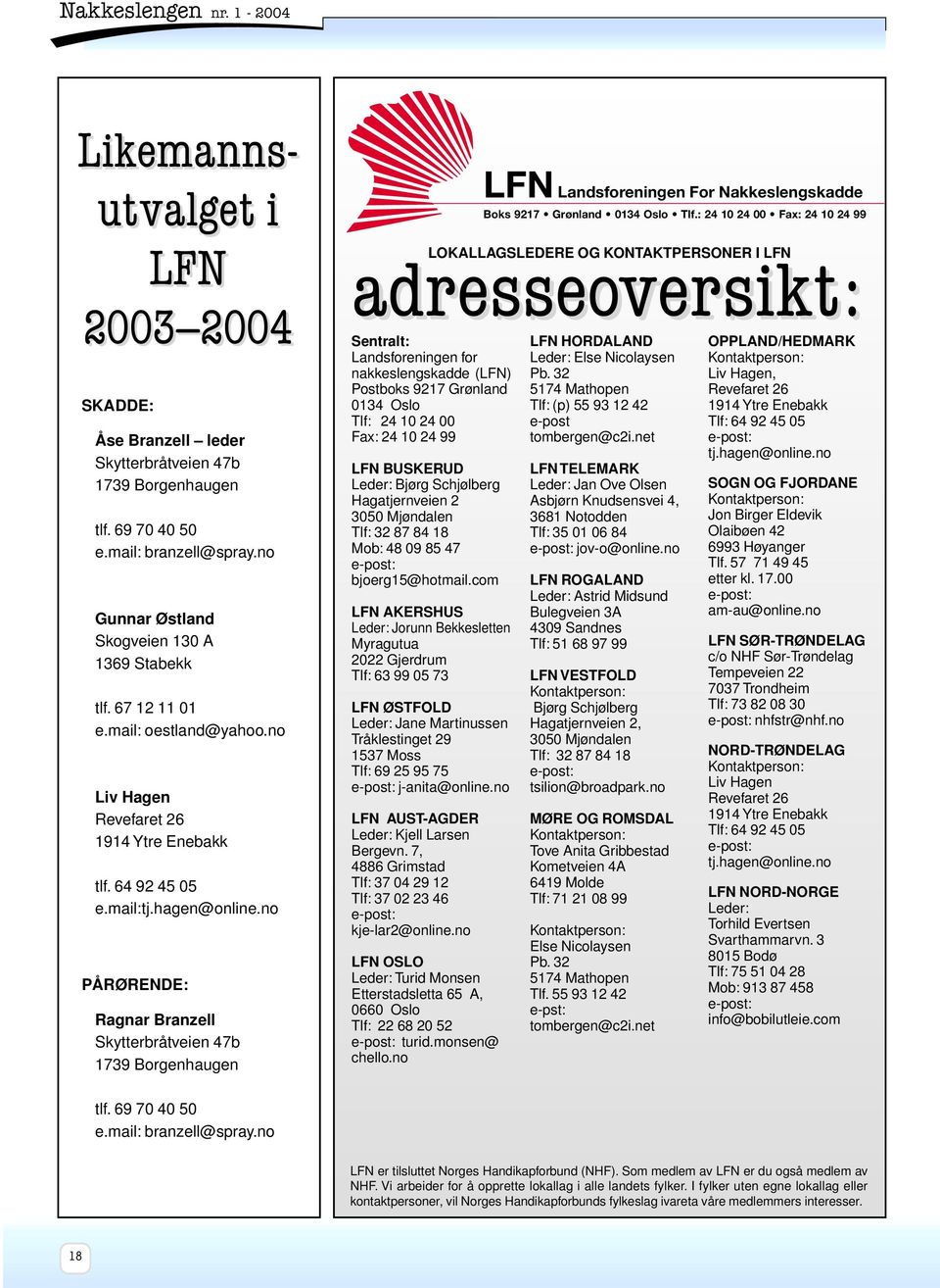 no PÅRØRENDE: Ragnar Branzell Skytterbråtveien 47b 1739 Borgenhaugen LOKALLAGSLEDERE OG KONTAKTPERSONER I LFN adresseoversikt: Sentralt: Landsforeningen for nakkeslengskadde (LFN) Postboks 9217