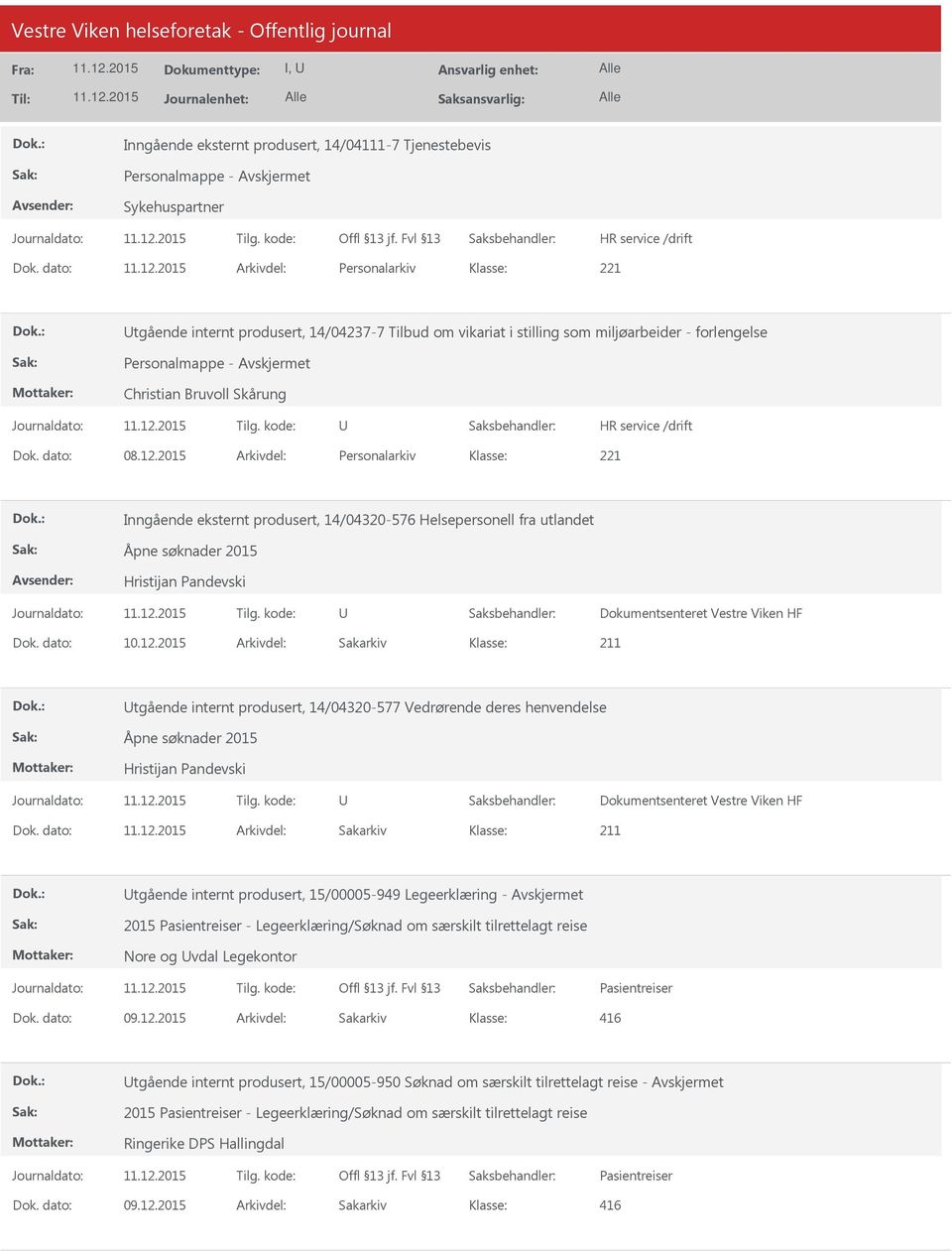 2015 Arkivdel: Personalarkiv Inngående eksternt produsert, 14/04320-576 Helsepersonell fra utlandet Åpne søknader 2015 Hristijan Pandevski Dokumentsenteret Vestre Viken HF Dok. dato: 10.12.