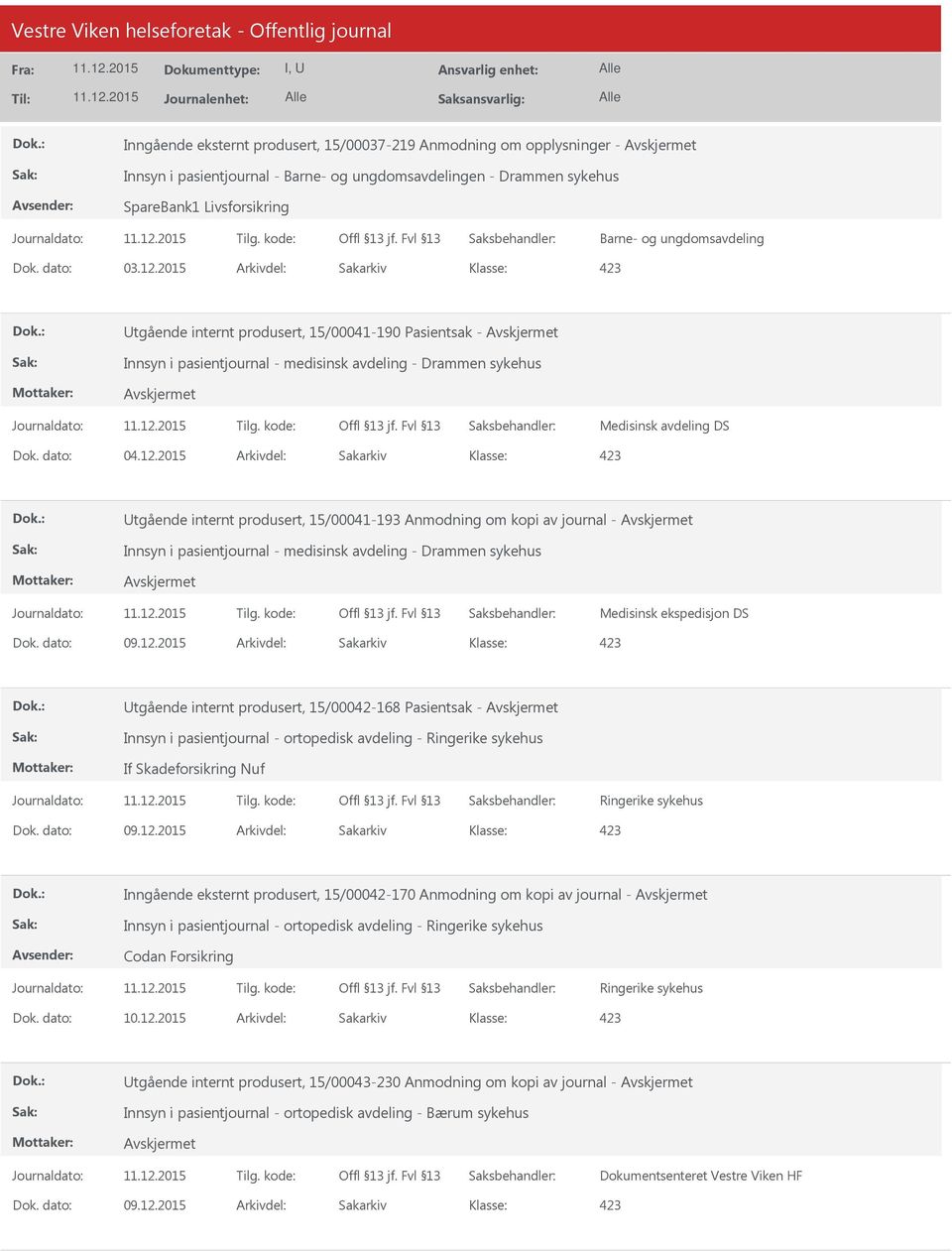 2015 Arkivdel: Sakarkiv tgående internt produsert, 15/00041-190 Pasientsak - Innsyn i pasientjournal - medisinsk avdeling - Drammen sykehus Medisinsk avdeling DS Dok. dato: 04.12.