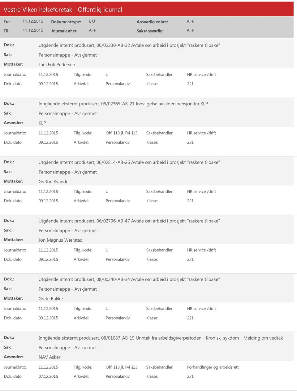 2015 Arkivdel: Personalarkiv tgående internt produsert, 06/02814-AB-26 Avtale om arbeid i prosjekt "raskere tilbake" Personalmappe - Grethe Kvande Dok. dato: 09.12.