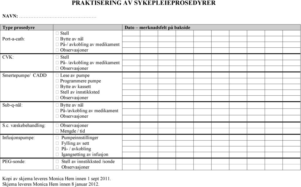 væskebehandling: Infusjonspumpe: PEG-sonde: Stell Bytte av nål På-/ avkobling av medikament Observasjoner Stell På- /avkobling av medikament Observasjoner Lese av pumpe