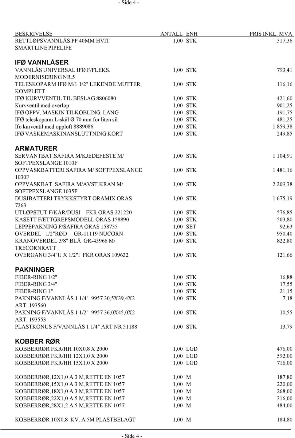 LANG 1,00 STK 191,75 IFØ teleskoparm L-skål Ø 70 mm for liten sil 1,00 STK 481,25 Ifø kurventil med oppløft 8889086 1,00 STK 1 859,38 IFØ VASKEMASKINANSLUTTNING KORT 1,00 STK 249,85 ARMATURER