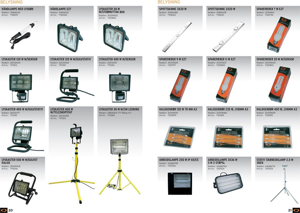 nr.: 7111359 LYSKASTER 400 W M/SENSOR Nobbnr: 26532051 Art.nr.: 7111356 SPAREPÆRER 9 W E27 Nobbnr: 30309629 Art.nr.: 7120797 SPAREPÆRER 11 W E27 Nobbnr: 30309637 Art.nr.: 7120800 SPAREPÆRER 20 W M/SENSOR Nobbnr: 30309645 Art.