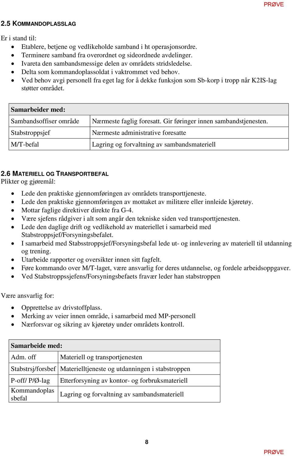 Ved behov avgi personell fra eget lag for å dekke funksjon som Sb-korp i tropp når K2IS-lag støtter området. Samarbeider med: Sambandsoffiser område Stabstroppsjef M/T-befal Nærmeste faglig foresatt.