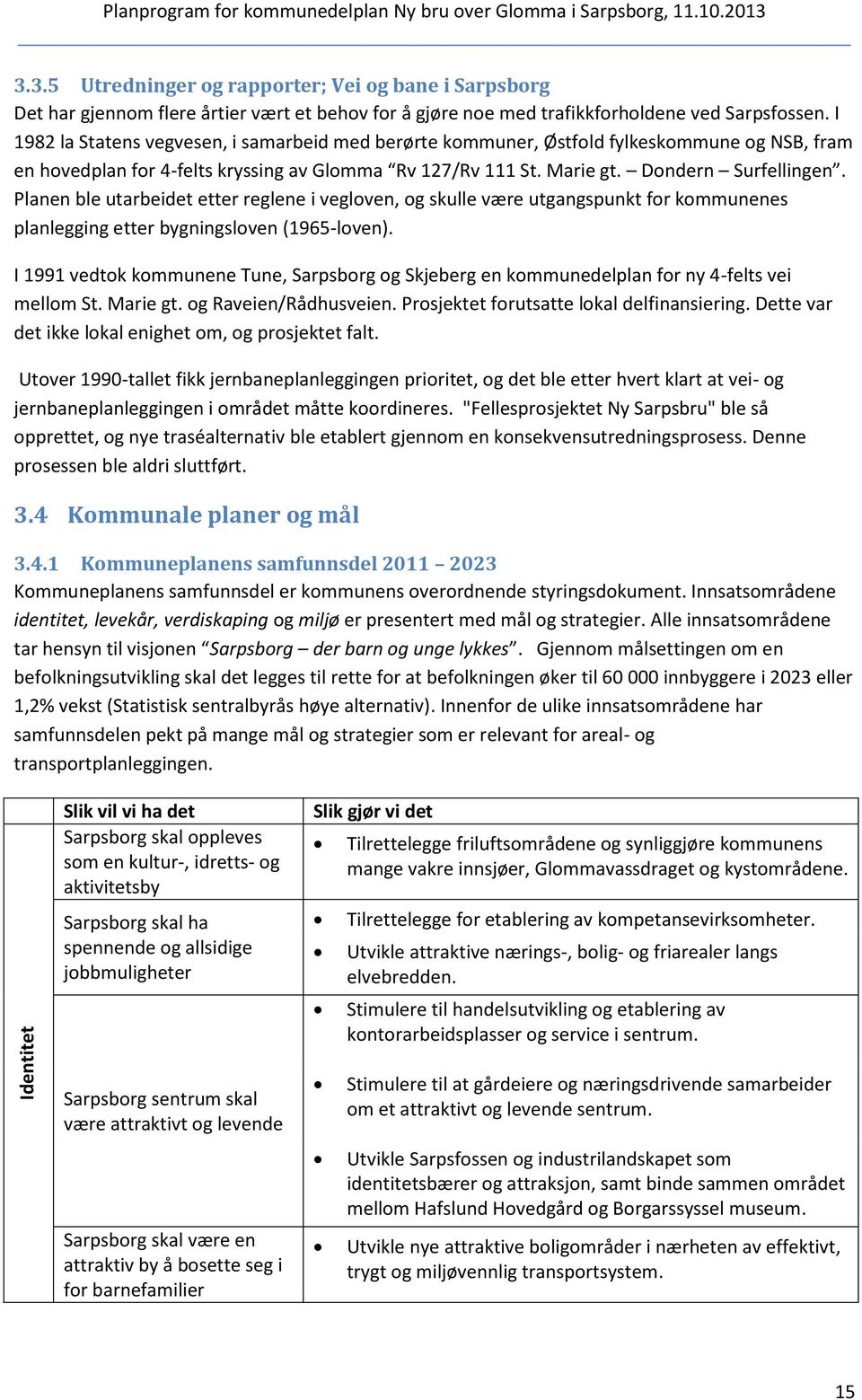 I 1982 la Statens vegvesen, i samarbeid med berørte kommuner, Østfold fylkeskommune og NSB, fram en hovedplan for 4-felts kryssing av Glomma Rv 127/Rv 111 St. Marie gt. Dondern Surfellingen.